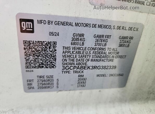 3GCPABEK3RG382339 2024 CHEVROLET SILVERADO White Вид наклейки з VIN-кодом