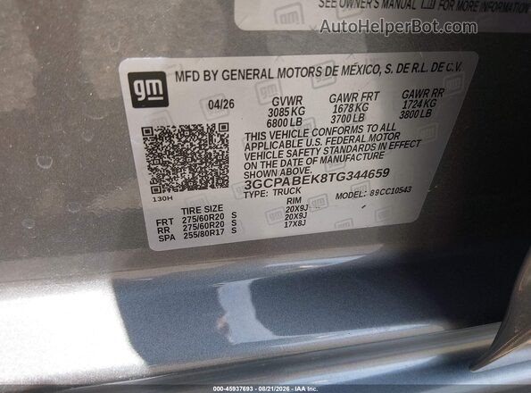 3GCPABEK8TG344659 2026 CHEVROLET SILVERADO Gray Vista del compartimento del motor
