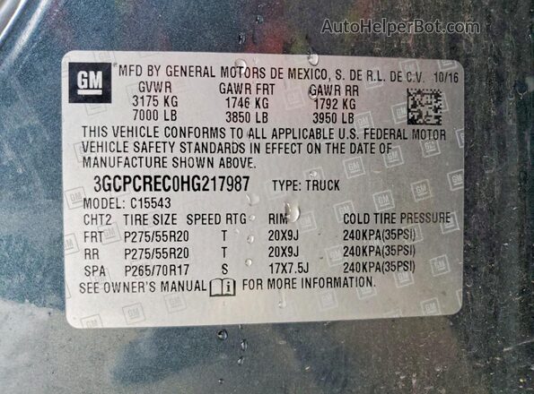 3GCPCREC0HG217987 2017 CHEVROLET SILVERADO Gray VIN կոդի պիտակի տեսք