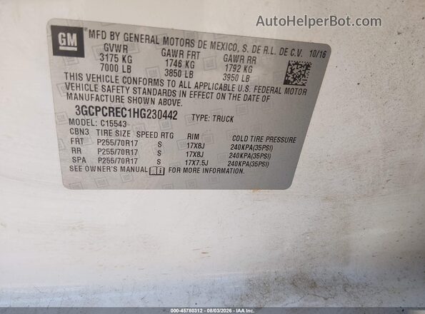 3GCPCREC1HG230442 2017 CHEVROLET SILVERADO White ძრავის განყოფილების ხედი