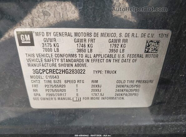 3GCPCREC2HG283022 2017 CHEVROLET SILVERADO Gray Vista del compartimento del motor
