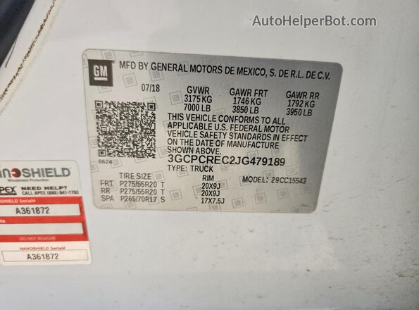 3GCPCREC2JG479189 2018 CHEVROLET SILVERADO Белый Вид подкапотного пространства