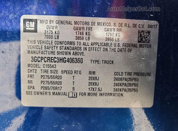 3GCPCREC3HG406360 2017 CHEVROLET SILVERADO Blue Вид підкапотного простору
