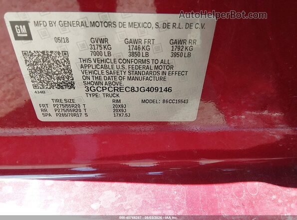 3GCPCREC8JG409146 2018 CHEVROLET SILVERADO Темно-бордовый Вид подкапотного пространства