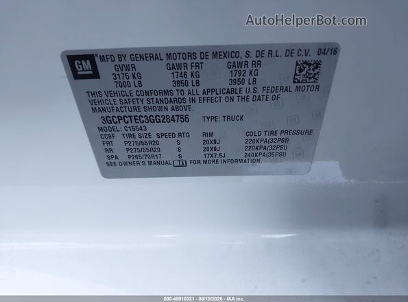 3GCPCTEC3GG284756 2016 CHEVROLET SILVERADO White Շարժիչի բաժամունքի տեսք