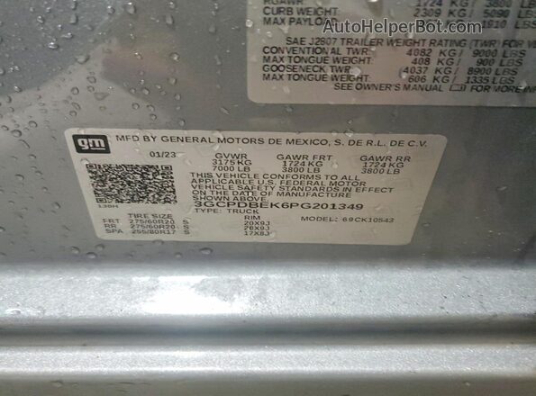 3GCPDBEK6PG201349 2023 CHEVROLET SILVERADO Silver Vista de la etiqueta del VIN