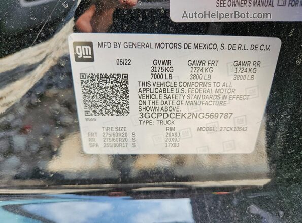 3GCPDCEK2NG569787 2022 CHEVROLET SILVERADO Black VIN კოდის სტიკერის ხედი