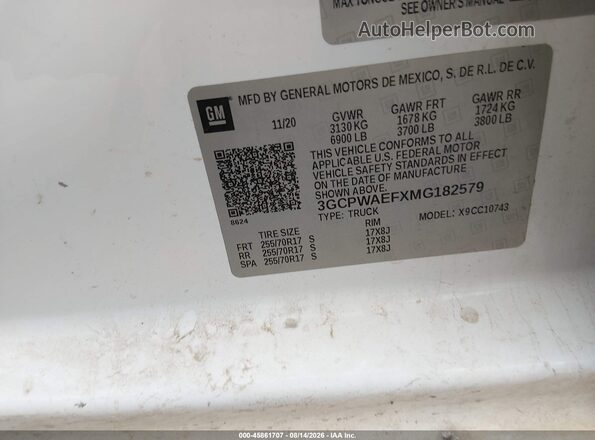 3GCPWAEFXMG182579 2021 CHEVROLET SILVERADO White Вид підкапотного простору