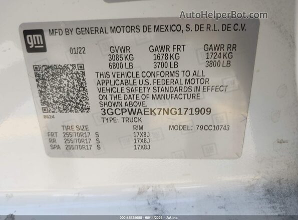 3GCPWAEK7NG171909 2022 CHEVROLET SILVERADO White Widok komory silnika