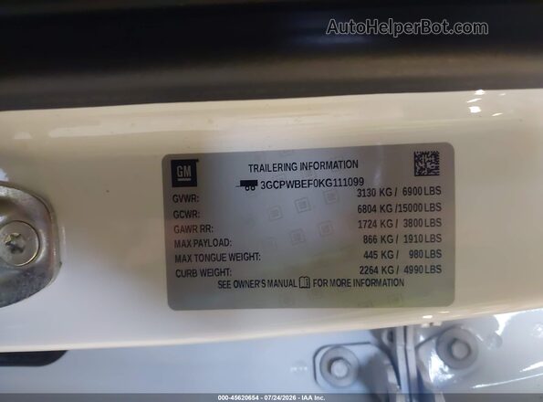 3GCPWBEF0KG111099 2019 CHEVROLET SILVERADO White Widok komory silnika