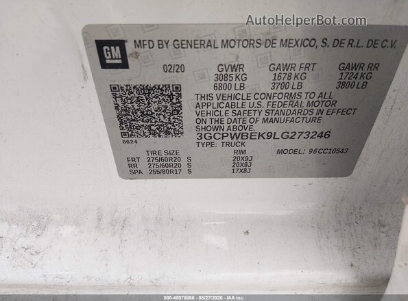 3GCPWBEK9LG273246 2020 CHEVROLET SILVERADO White Widok komory silnika