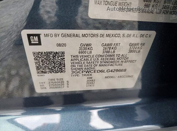 3GCPWCED6LG429668 2020 CHEVROLET SILVERADO Blue VIN կոդի պիտակի տեսք
