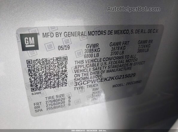 3GCPWCEK2KG215029 2019 CHEVROLET SILVERADO Silver Widok komory silnika