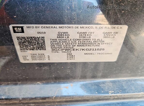 3GCPWCEK7KG211025 2019 CHEVROLET SILVERADO Угольный Вид наклейки с VIN-кодом