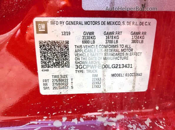 3GCPWFED0LG213431 2020 CHEVROLET SILVERADO Red Engine compartment view