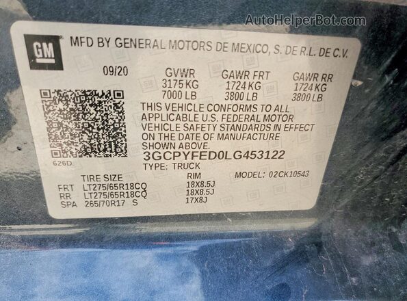 3GCPYFED0LG453122 2020 CHEVROLET SILVERADO Blue ძრავის განყოფილების ხედი