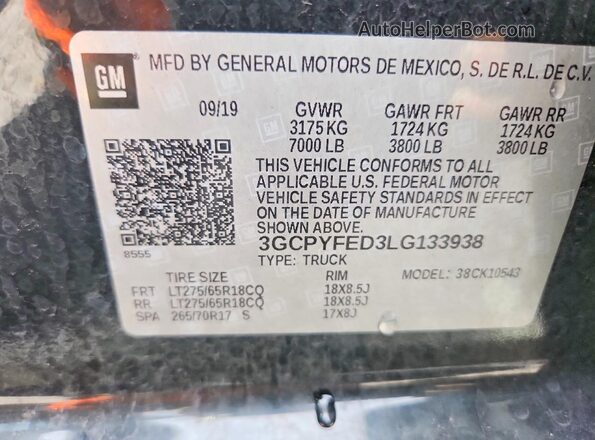 3GCPYFED3LG133938 2020 CHEVROLET SILVERADO Черный Вид подкапотного пространства