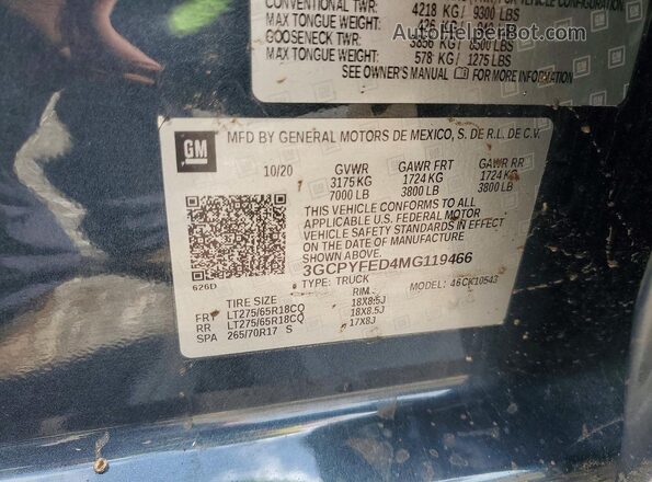 3GCPYFED4MG119466 2021 CHEVROLET SILVERADO White Widok naklejki z numerem VIN