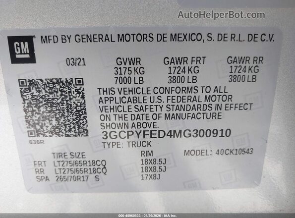 3GCPYFED4MG300910 2021 CHEVROLET SILVERADO Silver Вид підкапотного простору