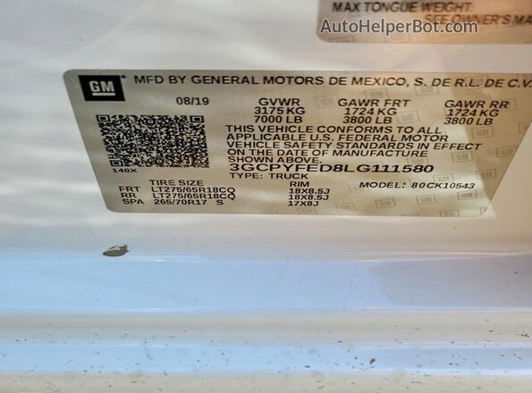 3GCPYFED8LG111580 2020 CHEVROLET SILVERADO White Вид підкапотного простору