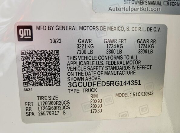 3GCUDFED5RG144351 2024 CHEVROLET SILVERADO White Vista de la etiqueta del VIN