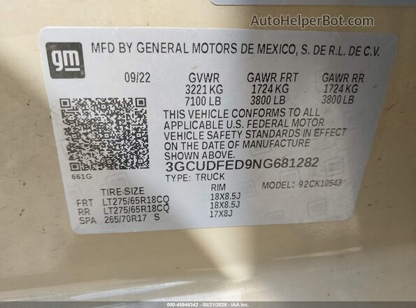 3GCUDFED9NG681282 2022 CHEVROLET SILVERADO Tan Շարժիչի բաժամունքի տեսք
