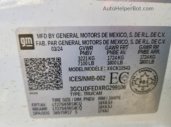3GCUDFEDXRG299106 2024 CHEVROLET SILVERADO Белый Вид наклейки с VIN-кодом