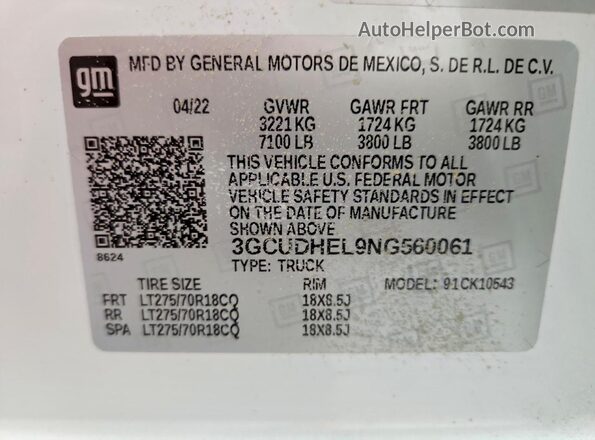3GCUDHEL9NG560061 2022 CHEVROLET SILVERADO White Вид підкапотного простору