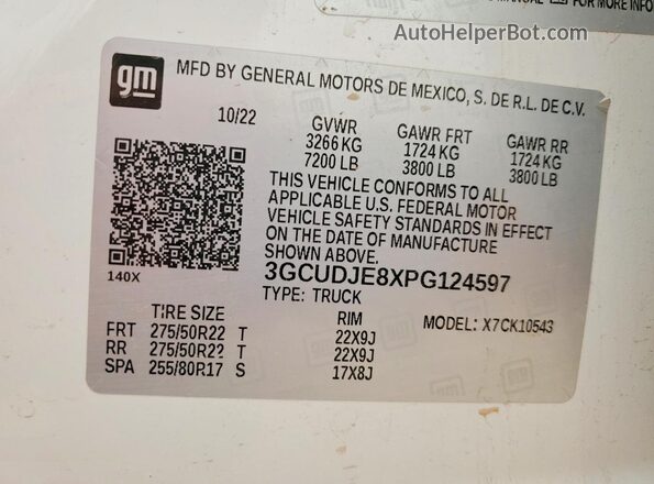 3GCUDJE8XPG124597 2023 CHEVROLET SILVERADO White Vista de la etiqueta del VIN