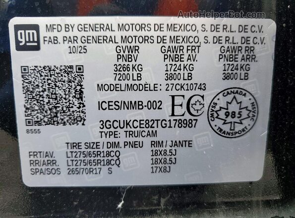 3GCUKCE82TG178987 2026 CHEVROLET SILVERADO Black Vista de la etiqueta del VIN
