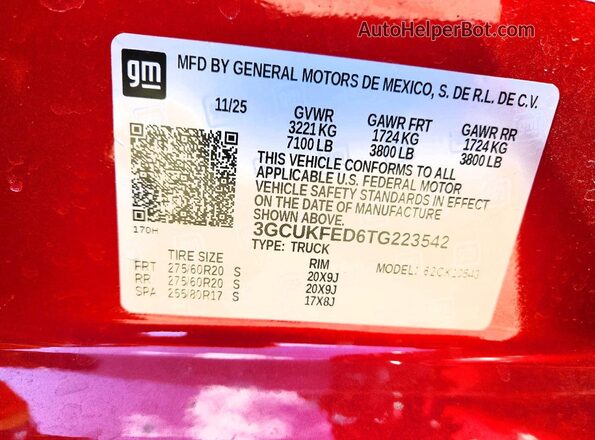 3GCUKFED6TG223542 2026 CHEVROLET SILVERADO Maroon Вид наклейки з VIN-кодом