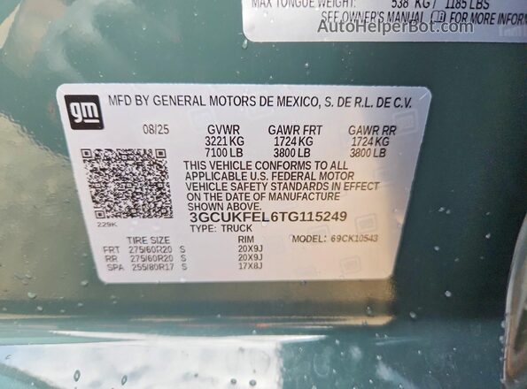 3GCUKFEL6TG115249 2026 CHEVROLET SILVERADO Зеленый Вид наклейки с VIN-кодом