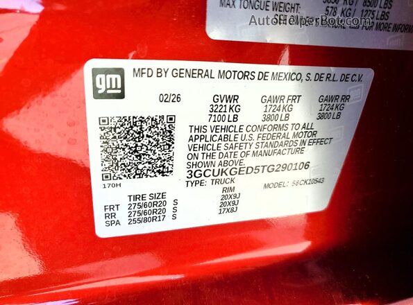 3GCUKGED5TG290106 2026 CHEVROLET SILVERADO Red VIN კოდის სტიკერის ხედი