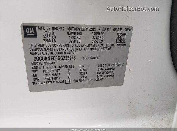 3GCUKNEC9GG325246 2016 CHEVROLET SILVERADO Белый Вид подкапотного пространства