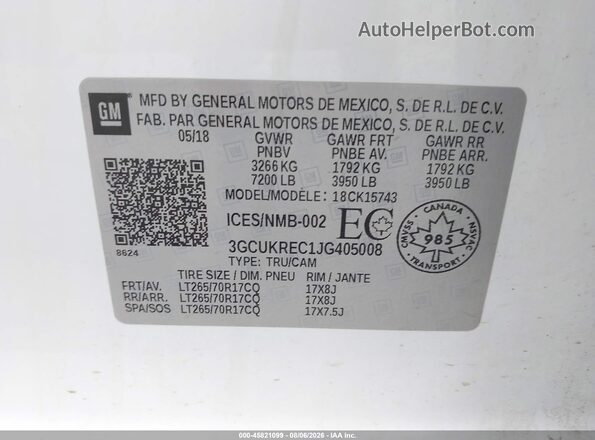 3GCUKREC1JG405008 2018 CHEVROLET SILVERADO White Widok komory silnika