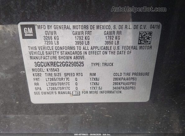 3GCUKREC2GG290525 2016 CHEVROLET SILVERADO Gray Вид підкапотного простору