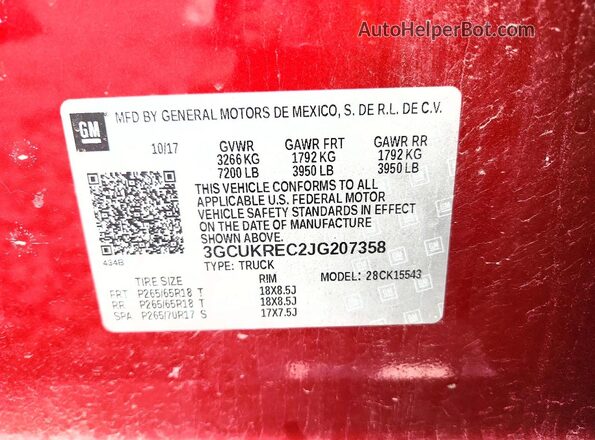 3GCUKREC2JG207358 2018 CHEVROLET SILVERADO Red Вид наклейки з VIN-кодом