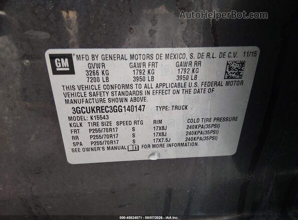 3GCUKREC3GG140147 2016 CHEVROLET SILVERADO Gray Вид підкапотного простору