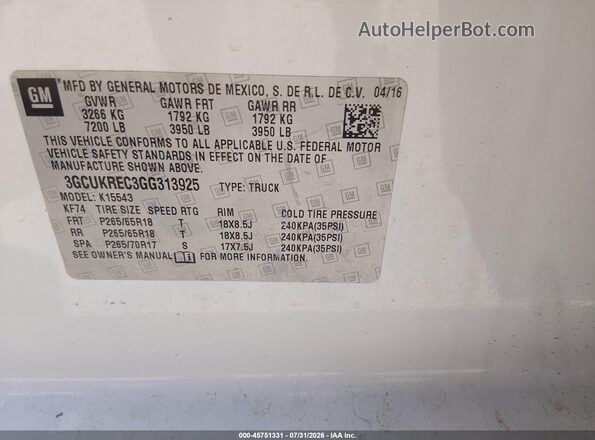 3GCUKREC3GG313925 2016 CHEVROLET SILVERADO White Вид підкапотного простору