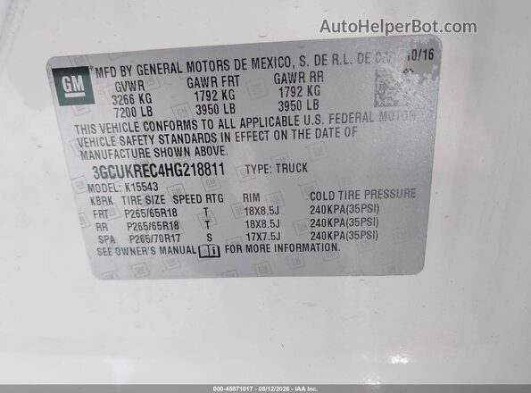3GCUKREC4HG218811 2017 CHEVROLET SILVERADO White Engine compartment view