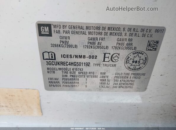 3GCUKREC4HG501192 2017 CHEVROLET SILVERADO White Շարժիչի բաժամունքի տեսք