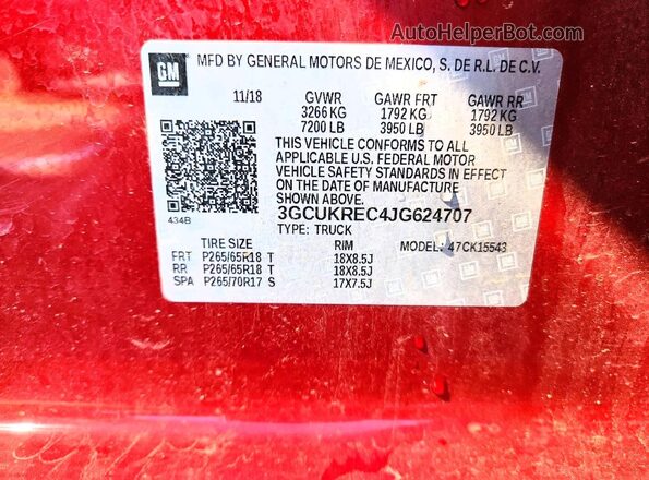 3GCUKREC4JG624707 2018 CHEVROLET SILVERADO Red VIN կոդի պիտակի տեսք