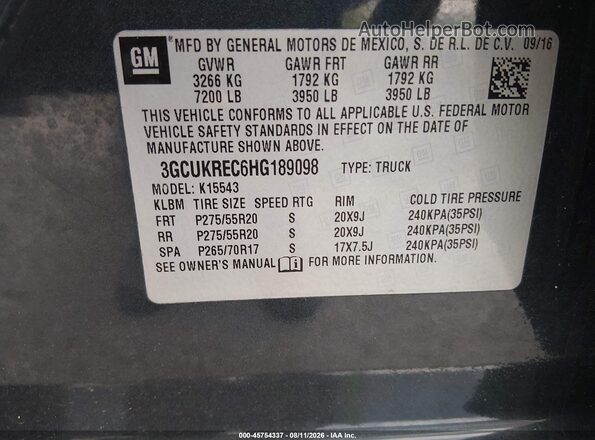 3GCUKREC6HG189098 2017 CHEVROLET SILVERADO Gray Вид підкапотного простору