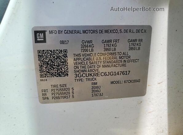 3GCUKREC6JG147617 2018 CHEVROLET SILVERADO White VIN կոդի պիտակի տեսք