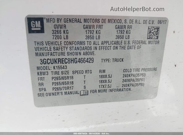 3GCUKREC8HG466429 2017 CHEVROLET SILVERADO White Vista de la etiqueta del VIN