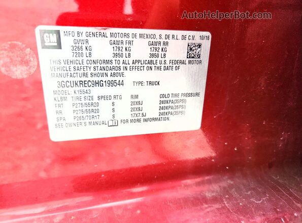 3GCUKREC9HG199544 2017 CHEVROLET SILVERADO Maroon Widok naklejki z numerem VIN
