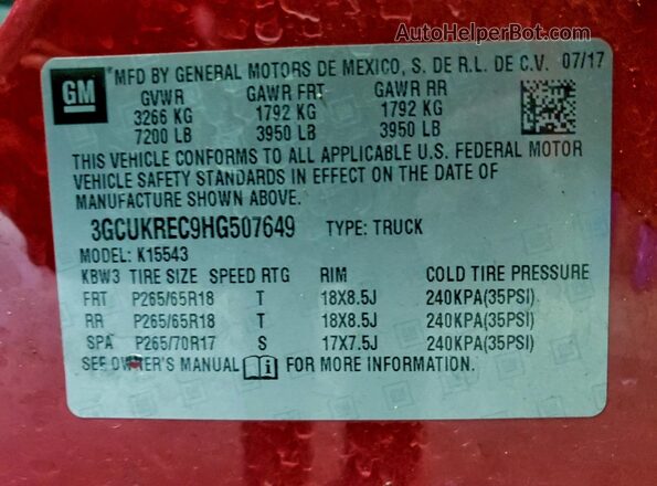 3GCUKREC9HG507649 2017 CHEVROLET SILVERADO Red Вид наклейки з VIN-кодом