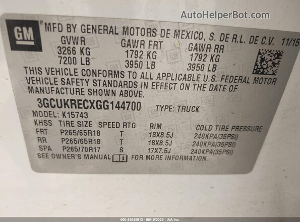3GCUKRECXGG144700 2016 CHEVROLET SILVERADO White Vista del compartimento del motor