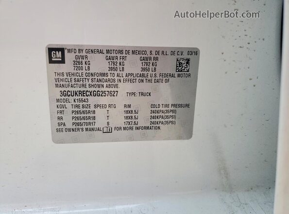 3GCUKRECXGG257627 2016 CHEVROLET SILVERADO White ძრავის განყოფილების ხედი