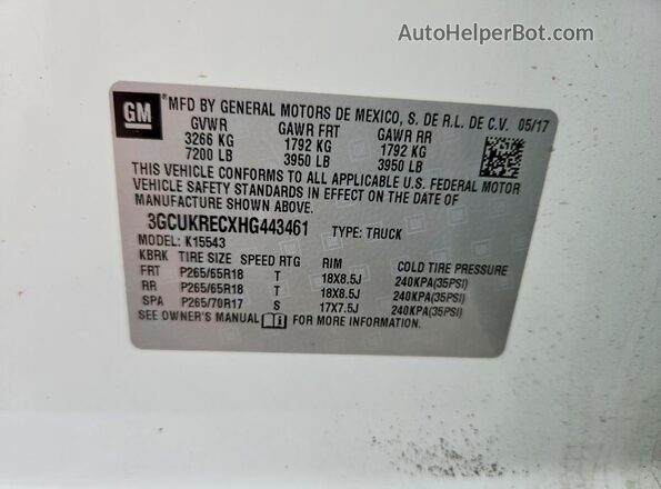 3GCUKRECXHG443461 2017 CHEVROLET SILVERADO White ძრავის განყოფილების ხედი